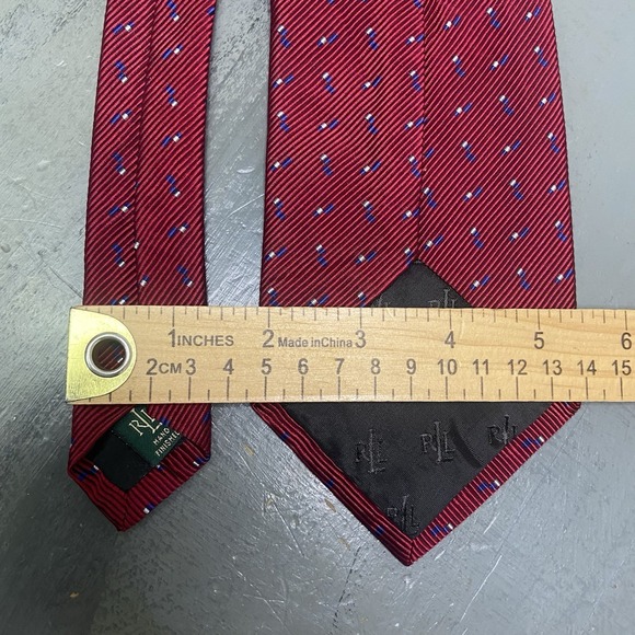 Lauren Ralph Lauren Mens Neck Tie Hand Finished Made In USA Red Geometric - Picture 6 of 7
